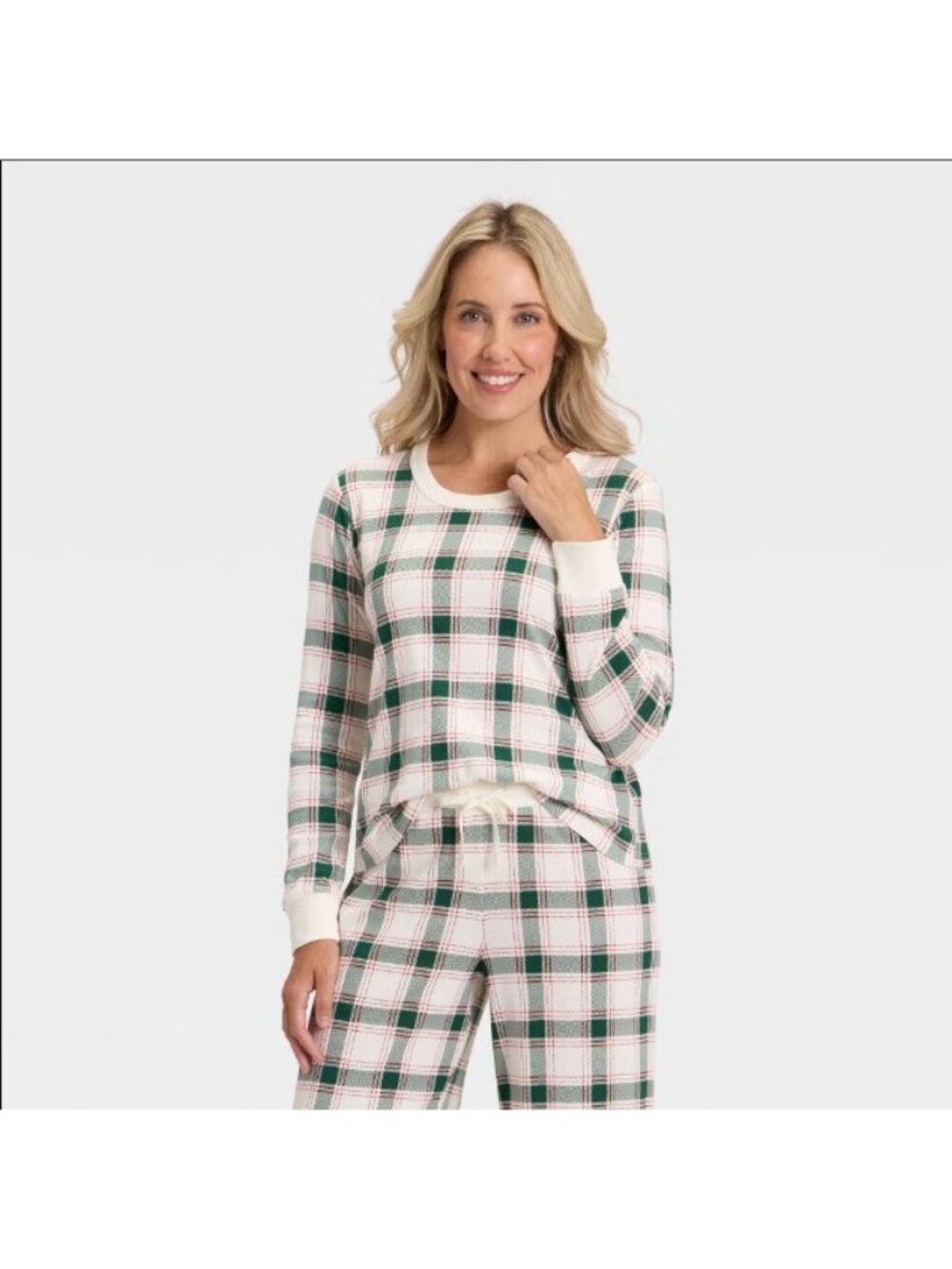 Wondershop Pajama Shirt Womens Beige Plaid Ribbed Long Sleeve Crewneck Holiday